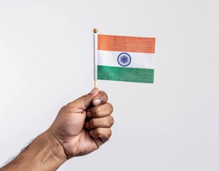 Hand Holding Small Indian Flag on White Background