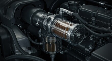 Detailed view of a black engine focusing on a cylindrical filter with visible internal components