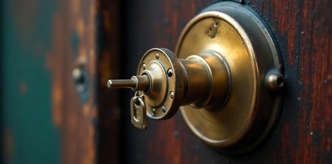 Close-up shot of a gleaming brass key inserted into a sturdy, antique-style door lock, emphasizing the intricate details and security of the mechanism , keyhole, bolt, dwelling