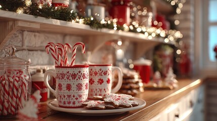 Fototapeta premium Cozy Holiday Kitchen Decor with Peppermint-Themed Mugs and Festive Treats