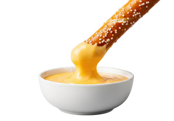 Golden-brown pretzel stick, crisp and salted, dipping into warm, vibrant yellow-orange melted queso in a white bowl, soft studio lighting on a transparent background, appetizing comfort food concept