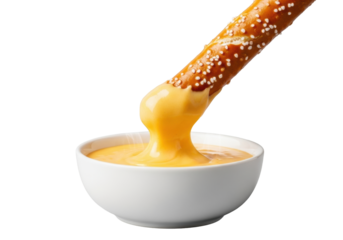 Golden-brown pretzel stick, crisp and salted, dipping into warm, vibrant yellow-orange melted queso in a white bowl, soft studio lighting on a transparent background, appetizing comfort food concept