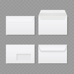 Realistic open, closed, and windowed envelope mockup set. Vector