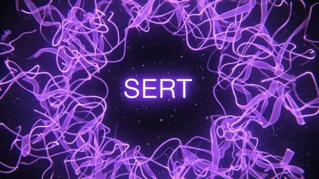 Holographic abstract visualization of serotonin transporter SERT with neon purple glow
