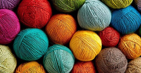 Colorful yarn balls forming a vibrant and textured background for knitting and crochet projects