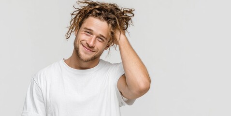 Naklejka premium Portrait of smiling young man touching his long curly hair