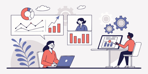 Two people analyze data using laptops and digital displays. The illustration showcases teamwork and modern office space using pastel colors.