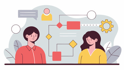 Flat design illustration depicting two individuals collaborating on a project, brainstorming ideas. The image showcases teamwork and planning processes through simple geometric shapes and icons.