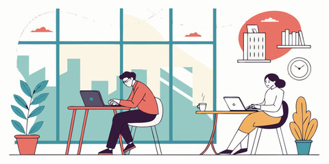 Illustration of two individuals working diligently on their laptops at desks in a contemporary office setting.  The scene includes a city backdrop seen through a large window.