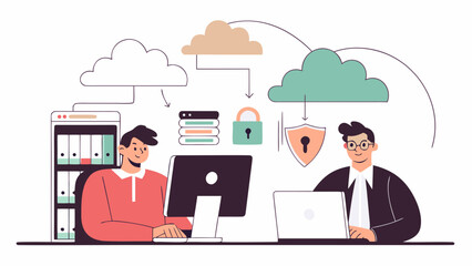 Two men work together at a desk in an office setting, collaborating on a data security project. Cloud computing icons and security symbols depict their work. The scene is modern and professional.
