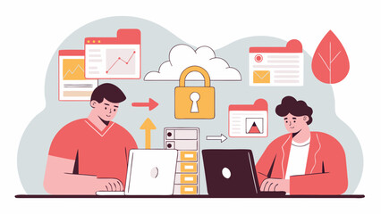 Two individuals collaborate using laptops, transferring secure data via a cloud server.  The illustration features a clean, flat design style.  Secure cloud data transfer is emphasized.