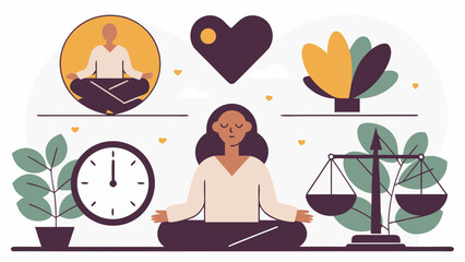 A serene illustration depicting a woman meditating, surrounded by symbols of balance, wellness, and inner peace.  Simple, flat design.