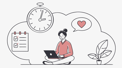 Simple line art illustration of a woman working on her laptop, surrounded by a checklist, timer, and heart.  Illustrates productivity and time management.