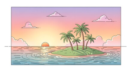 Obraz premium Tranquil Sunset Paradise: Idyllic Tropical Island with Palm Trees at Golden Hour, Perfect for Travel and Vacation Designs