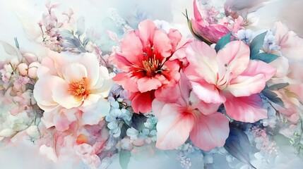 Romantic Pink and Red Flower Bouquet: Watercolor Impression