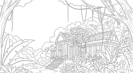 Obraz premium Ancient jungle temple ruins emerge from lush, overgrown foliage with hanging vines and large tropical leaves.