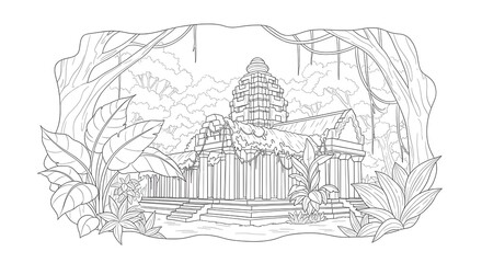 Line art illustration of an ancient temple overgrown with lush jungle foliage, perfect for coloring books, travel brochures, and historical publications.