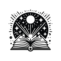 Fototapeta premium Open book with cosmic scene and celestial elements