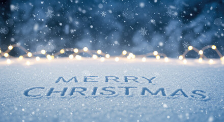 Beautiful Winter Landscape with Merry Christmas Text Overlay.