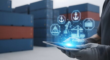 Obraz premium Futuristic Port Logistics and Supply Chain Management with Holographic Technology