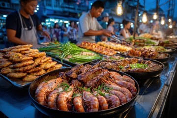 Obraz premium Asian street food vendor selling grilled seafood and meat