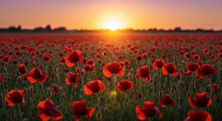 Fototapeta premium Field of red poppies at sunset