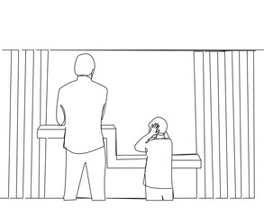 Father and son looking from the window in One-line art
