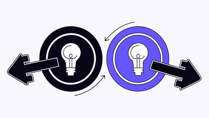 Abstract illustration of idea exchange, depicted with lightbulb icons in black and purple circles, interconnected by arrows suggesting a transfer of knowledge or innovation.