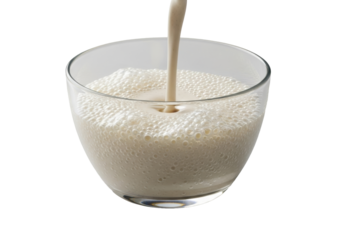 A freshly blended, pale creamy smoothie with tiny air bubbles in a clear glass bowl, isolated on transparent. Extreme macro, razor-sharp focus on texture, soft lighting. Concept of fresh purity