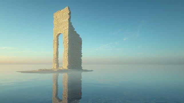 Ruined archway, serene water, tranquil sky