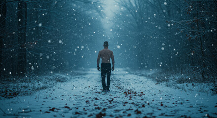 A man strolls leisurely through a fabulous natural landscape illuminated by moonlight.