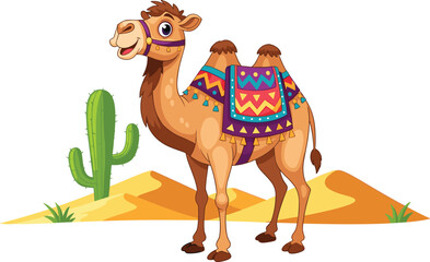 Naklejka premium Vibrant Cartoon Camel with Decorative Saddle in Desert Theme