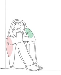Woman in depression in one-line art