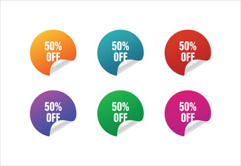 Vibrant 50% off discount circles in six different bright colors and styles