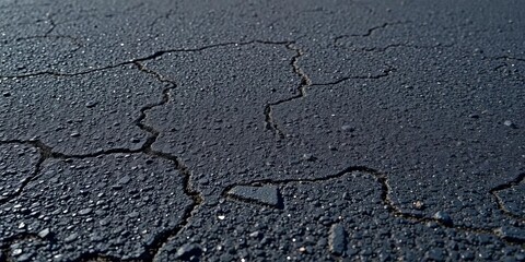Dark, coarse-grained asphalt surface, showing fine cracks and texture,  aged,   bitumen texture