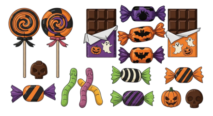 Assorted Halloween candies and sweets including lollipops, candy corn, chocolates, and gummy worms on a transparent background