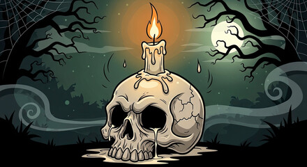 Melting candle burning on top of a human skull surrounded by spooky trees and spiderwebs at night