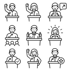 Diverse Line Art Illustrations of Speakers at Podiums Demonstrating Various Actions.