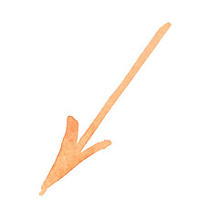 Thin orange arrow. Watercolor hand drawn illustration. Design for stickers, scrapbooking, journaling. Pointer, arrow, direction, way, movement, diagonal