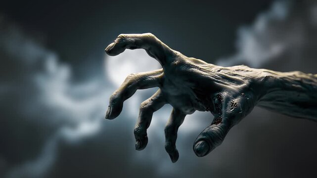 a creepy zombie hand with a full moon background