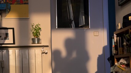 In slow motion, the shadow of a person lifting dumbbells is cast on a wall, illuminated by warm, golden-hour sunlight. A motivational scene of a home workout and a healthy lifestyle.