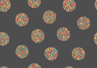 An abstract pattern of circular shapes composed of many small dots in pastel colors on a dark background