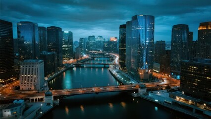 Obraz premium At night in the city, tall buildings stand in great numbers with bright lights. A river runs through the city, and bridges span over it, showing prosperity to the full.