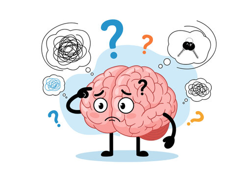 A cartoon brain character appears confused expressing difficulties with memory and cognitive function