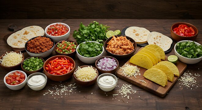 a wooden table laden with a deconstructed taco bar.Elements include bowls of seasoned ground beef,shredded chicken,colorful chopped vegetables.