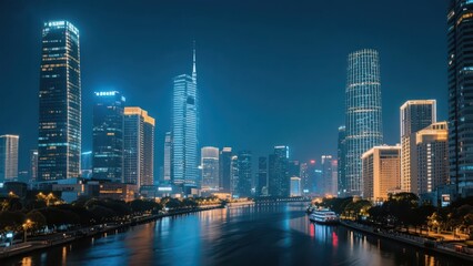 Fototapeta premium At night in the city, tall buildings stand in great numbers with bright lights. A river runs through the city, and bridges span over it, showing prosperity to the full.