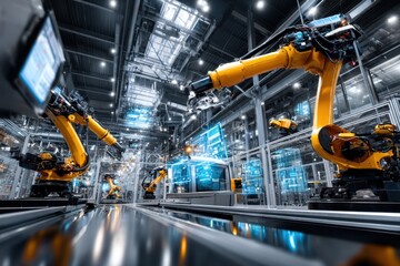 Fototapeta premium Robotic Arms Working on Assembly Line in Factory