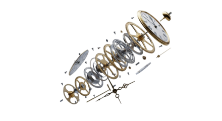 Intricate mechanical clock components (gears, springs, hands, fractured face) suspended in dark studio with volumetric light, macro view, hyper-realism, Concept of deconstruction and complexity