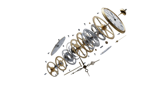 Intricate mechanical clock components (gears, springs, hands, fractured face) suspended in dark studio with volumetric light, macro view, hyper-realism, Concept of deconstruction and complexity