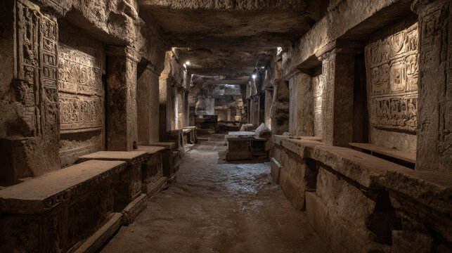 Ancient crypt stone tombs intricate carvings underground chamber mysterious atmosphere